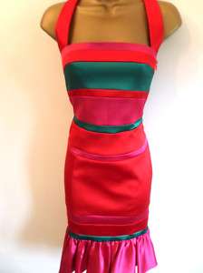 Karen Millen Red Satin Colourblock Halterneck Dress UK  