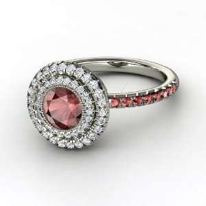 Natalie Ring, Round Red Garnet 14K White Gold Ring with Diamond & Red 