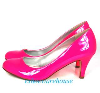 NEON Bright Hot Pink Patent Round Toe Cutie Comfy Mid Heel Pumps 