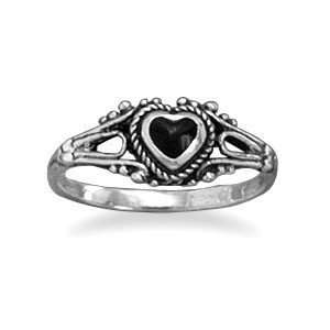  KIDS DAINTY VINTAGE LOOK BLACK ONYX HEART RING CRAFTED IN 