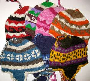 New Handknit Wool Earflap Hat Made in Nepal MANY COLORS  