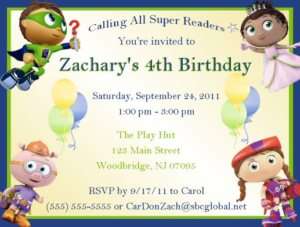 Super Why Invitations/Birthday Party Supplies  