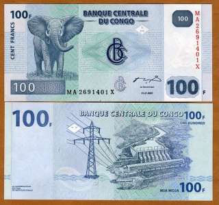 Congo D.R., 5 x 100 Francs, 2007, P New, UNC  Elephant  