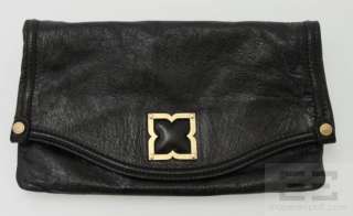 BCBG Max Azria Black Leather & Gold Hardware Foldover Flap Clutch Bag 