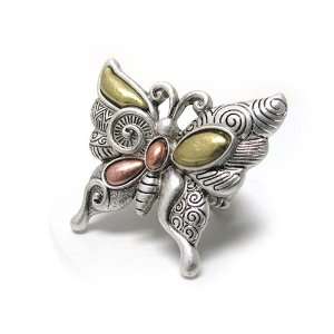  Butterfly Tri Tone Textured Metal Stretch Fashion Ring 