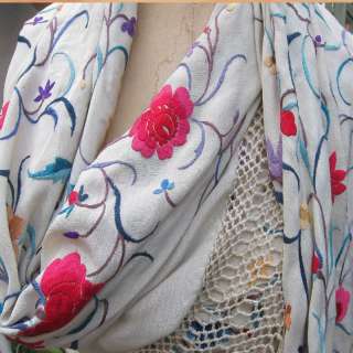 Antique Silk Manton Piano Shawl Cream Silk Floral embroidery 