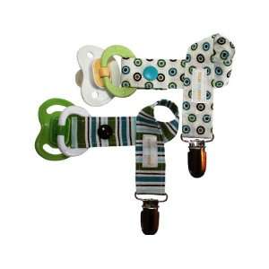   Pacifier Clip Set of 2 in Blue, Brown & Green Polka Dots and Stripes