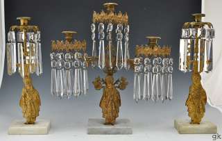  American Girondels Candelabra Mantle Lustres Gilt Brass/Bronze Prisms