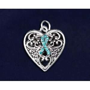  Teal Ribbon Charm  Decorative Heart (50 Charms 