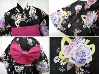 Japanese Black YUKATA with Large Purple Floral Pattern with Pre tied 