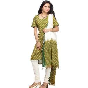  Green Salwar Kameez Fabric with Ikat Weave   Pure Cotton 