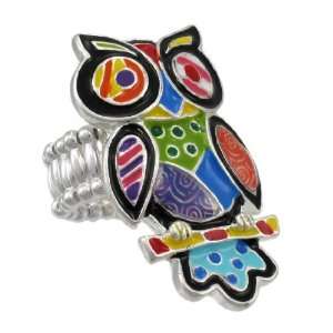  Chrome Finish Multicolor Enamel Owl Stretch Ring Jewelry