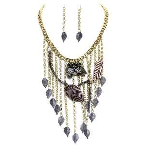 Perched Owl Statement Necklace Set; 18L; Burnished Gold, Copper, And 