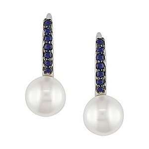  14k White Gold Sapphire Cultured Pearl Earrings (8 9 mm 