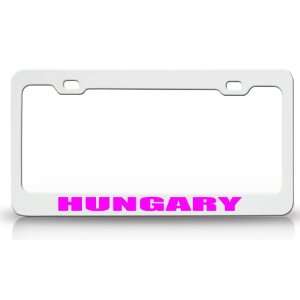 HUNGARY Country Steel Auto License Plate Frame Tag Holder, White/Pink