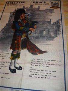 Irish Linen Tea Towel AMAZING GRACE Scottish Bagpipe Kilt Scotland 