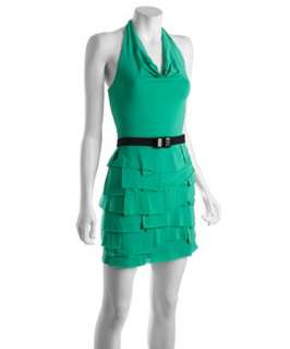 BCBGMAXAZRIA emerald jersey halter ruffle front belted dress   