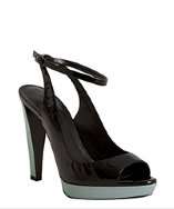 Balenciaga black and teal patent leather peep toe colorblock shoes 