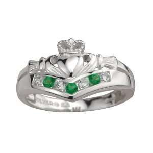  Sterling Silver Ladies Claddagh Wishbone Ring with Emerald 