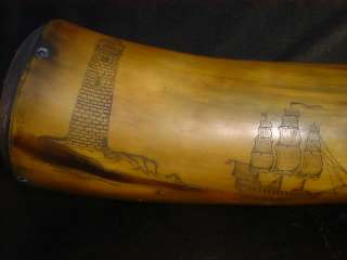  Powder horn Boston Lighthouse folk art nautical gun Flask  