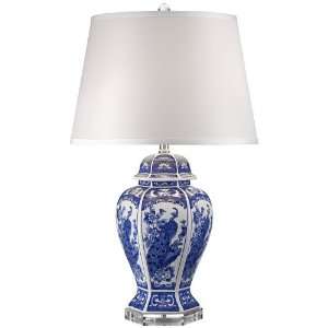  Blue and White Porcelain Peacock Temple Jar Table Lamp 