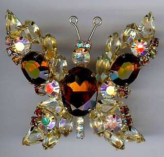 BEAUTIFUL VINTAGE FACETED TOPAZ GLASS & YELLOW RHINESTONE BUTTERFLY 