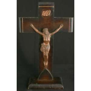  Large Vintage French Standing Crucifix Cross Oak Copper 