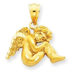   14kt 1/2in Satin & Diamond Cut Angel Pendant/14kt Yellow Gold Jewelry