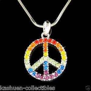  Crystal 60s ~Rainbow PEACE sign Symbol hippie Boho Pendant Necklace