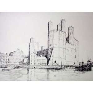 Caernarvon Castle Etching , Topographical Engraving 