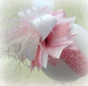   Ostrich Feather Hair Bow Boutique OTT Soft Pink White Pageant Party