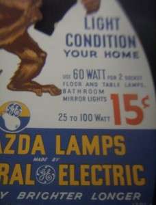 Old MAZDA LAMPS General Electric DIE CUT STORE DISPLAY  