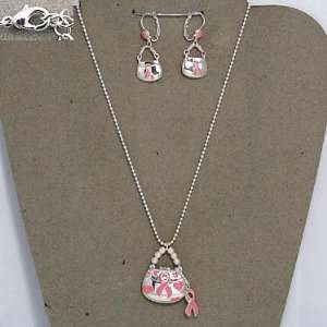   Breast Cancer Necklace/Earring Set Purse/Pink Ribbon 