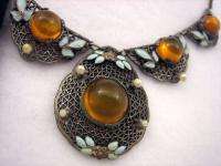 Antique Amber Cabochon Leaf Necklace & Dress Clip Set  