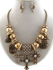 Antique Brass Charm Cross & Heart Necklace Earring Set  