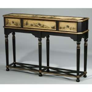  Three Drawer Console Table with Oriental Design in Black 