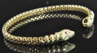   Gold Natural Double Ruby Snake Serpent Head Mesh Cuff Bangle Bracelet