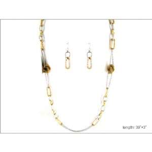  Silver and Gold Tone Station Necklace and Earring Set True 