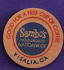 Sambos Visalia California Cup of Coffee Wooden Nickel Bicentennial