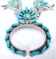 Zuni Sterling Silver Petit Point Turquoise Squash Blossom Necklace 