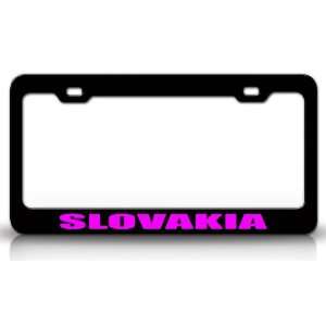 SLOVAKIA Country Steel Auto License Plate Frame Tag Holder, Black/Pink
