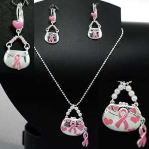   Pink Ribbon ~ Dangling Purse Necklace/Earring Set 