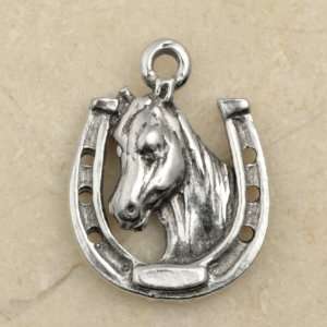    HORSESHOE HORSE HEAD Silver Plated Pewter Charm