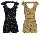 WOMENS LADIES BIRD PRINT BELTED FRILL STYLE BACK CUTOUT PLAYSUIT UK 