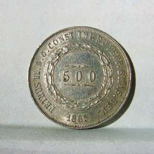 BRAZIL 1865 silver 500 Reis; nice AU  