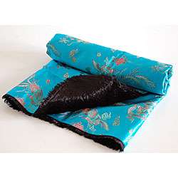   Turquoise Black Satin Faux Fur Stroller Blanket  