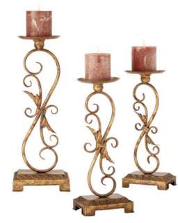 SET/3 IRON Tuscan SCROLL & LEAF CANDLE HOLDER Aged Gold  