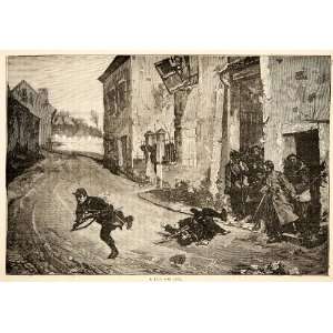  1874 Wood Engraving France Paris Commune Soldier Running Dead 