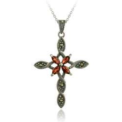   Sterling Silver Marcasite and Garnet Cross Necklace  