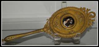 Antique Dore Bronze Mirror w Enamel Portrait Miniature Painting 